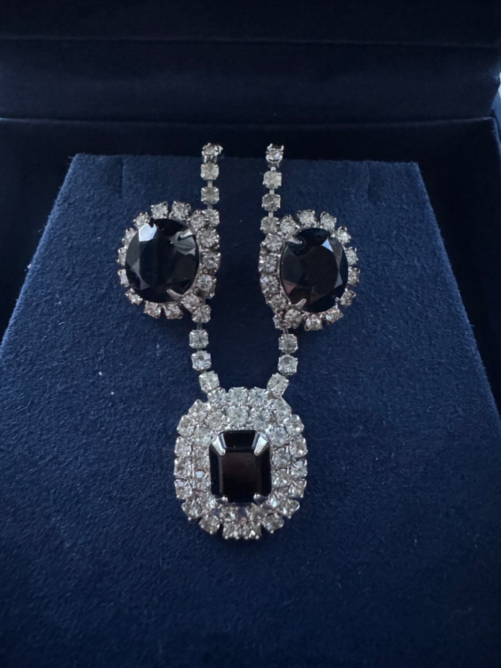 Black Crystal Pendant Necklace and Earrings Set - Classic Evening Jewelry
